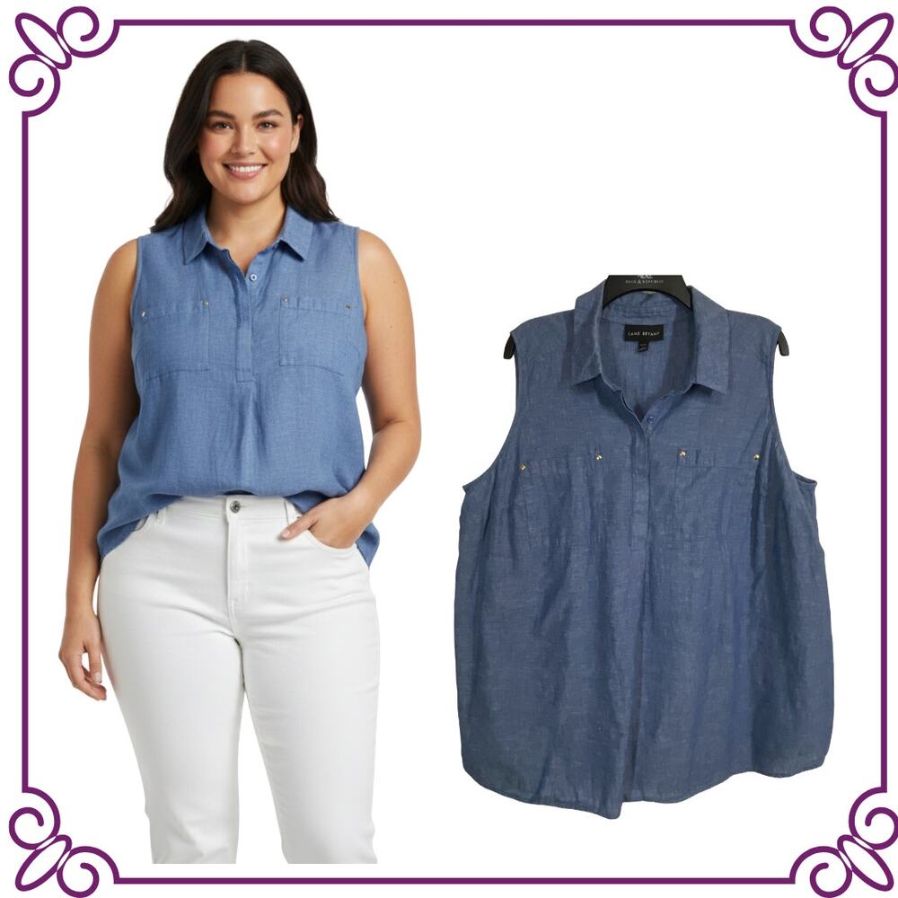 Lane Bryant Chambray Sleeveless Collard Linen Blend Blouse Sz 18/20